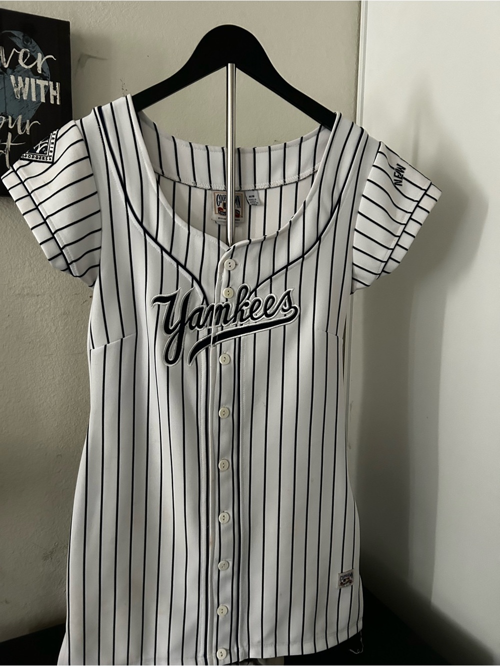 New York Yankees Women's White/Black Pinstripe Button-Front Jersey Dress